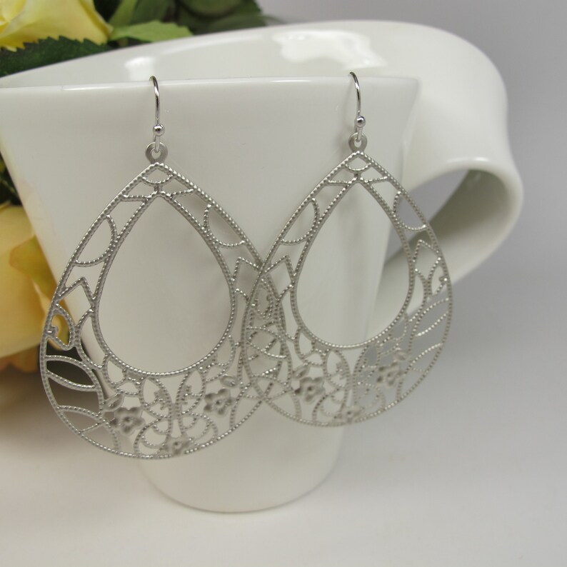 Statement Earrings Large Matte Silver Filigree Earrings Large Teardrop Earrings Bohemian Filigree Dangle Earrings Boho Moroccan Earrings