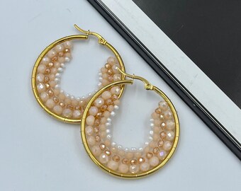 Cream Peach Beaded Hoop Earrings, Decorative Hoops, Wire Wrapped Jewelry, Hoop Summer Earrings, Peach Yellow Hoop Earrings, Gifts |KS