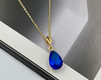 Cobalt Blue Crystal Charm Statement Necklace, Blue Teardrop Pendant Necklace, Charm Necklace, Gold Layering Necklace, Blue Teardrop |11