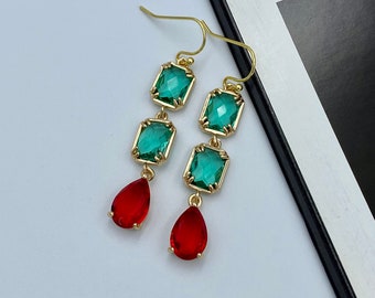 Handmade Turquoise Green and Red Crystal Teardrop Earrings, Boho Statement Dangle Earrings, Gold Geometric Jewelry, Birthday Gift for Her
