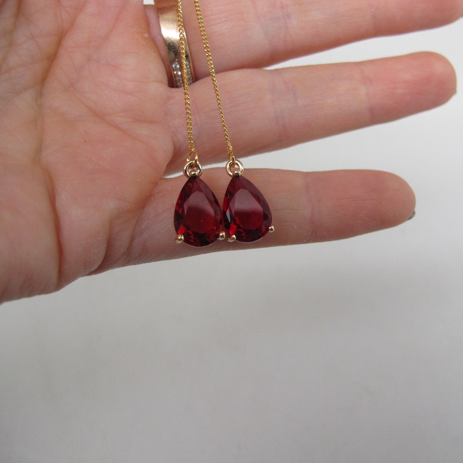 Dainty Ruby Red Thread Earrings Red Teardrop Earrings Etsy