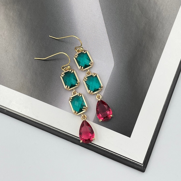 Turquoise Green and Ruby Pink Crystal Earrings, Ruby Pink Teardrop Earrings, Aqua Green Earrings, Dangle Earrings, Statement Earrings |9