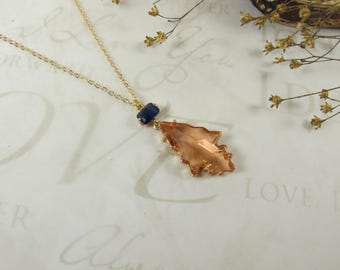 Statement fall light Brown  and blue necklace, Brown blue Crystal pendant, sienna bronze Brown Dangle leaf necklace, fall autumn jewelry|b5