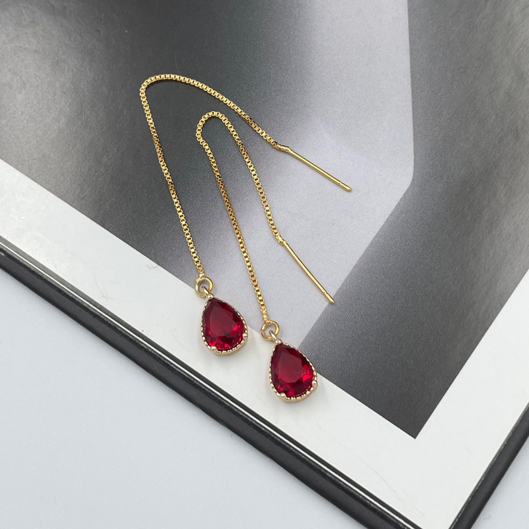 Ruby Red Thread Teardrop Earrings, Cerise Bright Red Crystal Earrings