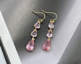 Dainty Pink Crystal Earrings, July Birthstone, Soft Pink Drop Earrings, Wedding Jewelry, Pink Teardrop Earrings, Bridesmaid Earrings |2