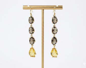 Yellow and Brown Crystal Long Dangle Earrings, Modern long Drop Earrings for Women, Earthy Boho Statement Jewelry