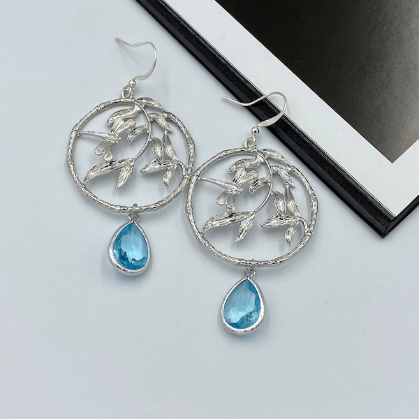 Pendientes colgantes de rama de hoja de plata azul agua, pendientes de lágrima azul turquesa, pendientes florales colgantes de plata, joyería de playa /ST1