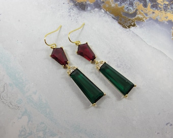 Ruby Red and Emerald Green Statement Earrings, Green Geometric