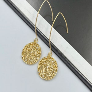 Boucles d&#39;oreilles ornées de diamants en filigrane, boucles d&#39;oreilles pavées de diamants, longs crochets, boucles d&#39;oreilles en dentelle dorée Boucles d&#39;oreilles en filigrane cachemire | 13