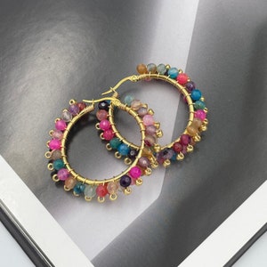 Multicolor Beaded Hoop Earrings, Decorative Hoops, Wire Wrapped Jewelry, Colorful Hoop Earrings, Beaded Hoops Earrings, Gifts |KS