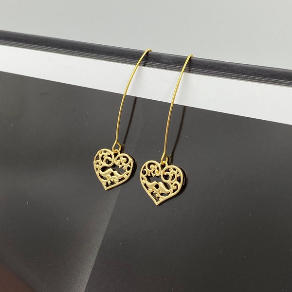 Gold Filigree Hearts Statement Earrings, Heart Filigree Earrings, Gold Long Earrings, Lace Filigree Earrings, Modern Everyday Earrings |1