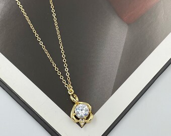 Clear Crystal Gem Charm Necklace, Diamond Gem Pendant Necklace, Wedding Bridesmaid Charm Necklace, Gold Layering Necklace, Handmade |11