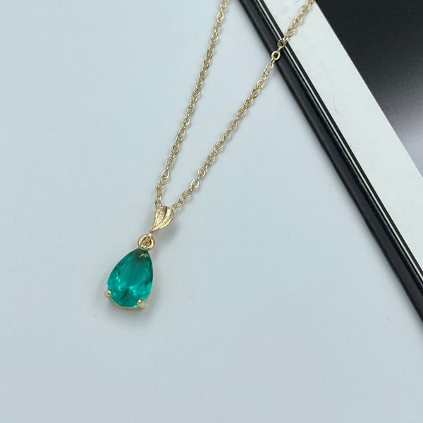 Aqua Green Crystal Charm Necklace, Aqua Green Teardrop Pendant Necklace, Green Charm Necklace, Gold Layering Necklace, Teardrop Charm |11
