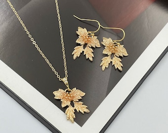 Gold Leaf Necklace and Earrings Set, Floral Jewelry