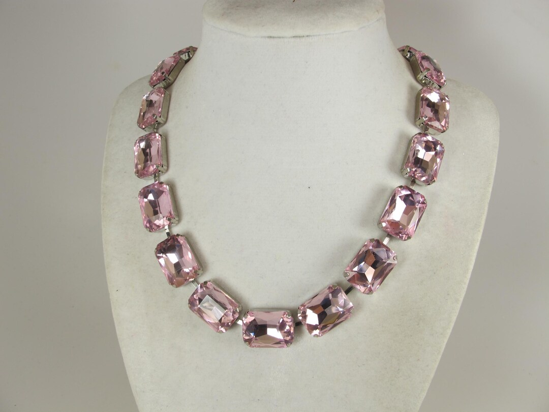 Pink Crystal Chain Necklace, Pink Statement Necklace, Sparkling Pink ...