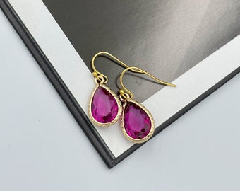 Hot Pink Teardrop Earrings, Fuchsia Crystal Dangle Earrings, Magenta Bridal Jewelry, Gift for Her, special occasion jewelry