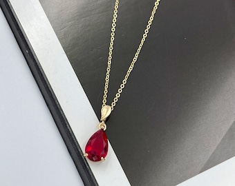 Red Crystal Charm Necklace, Teardrop Pendant | Anti-Tarnish Gold Chain | 15.5 X 2 Extender