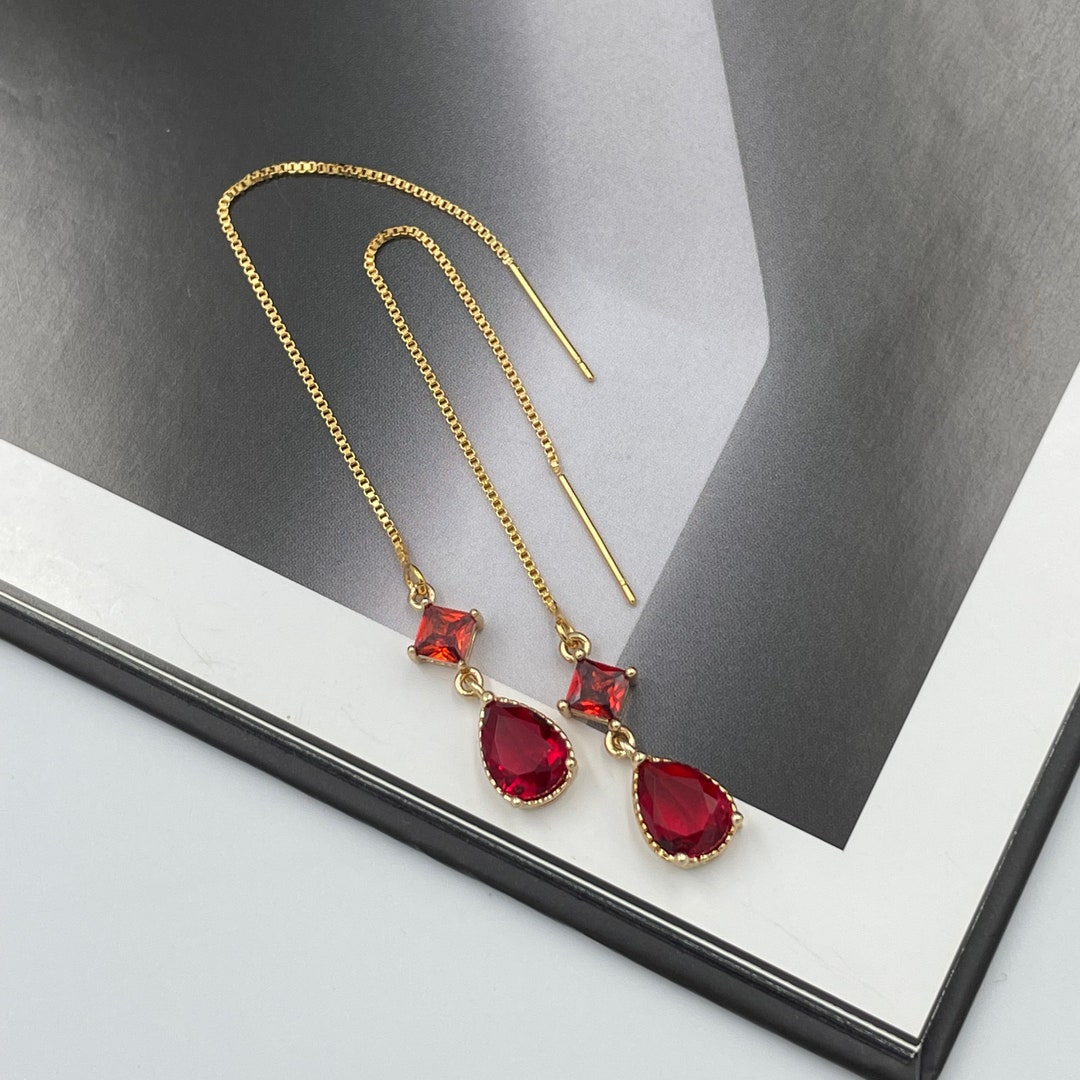 Ruby Red Thread Earrings, Cerise Bright Red Crystal Earrings, Statement