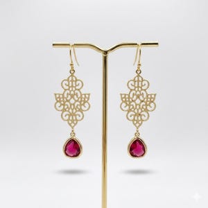 Gold Filigree Earrings: Ruby Red Crystal Drops (Wedding & Everyday)