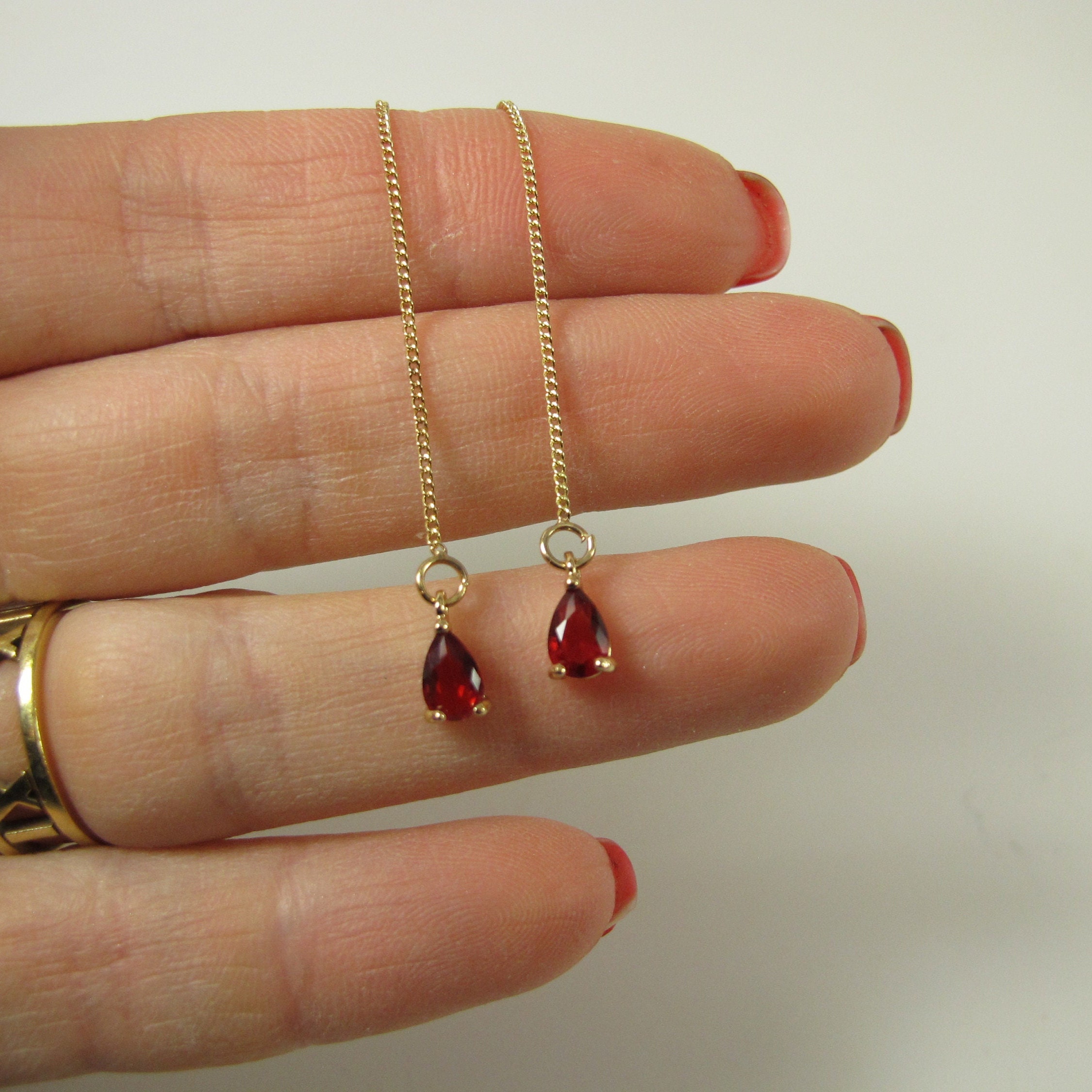 Dainty Ruby Red Thread Earrings Tiny Red Teardrop Earrings Etsy