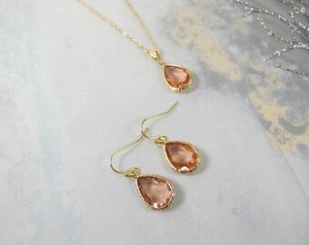 Peach Teardrop Necklace and Earrings, Orange Crystal Charm (Gold Plated)