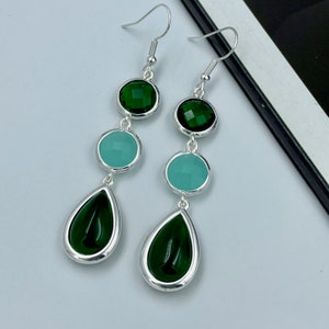 Dark Green and Mint Green Chandelier Earrings, Teardrop Earrings, Dangle Earrings, Wedding Earrings, Gift for Her |6
