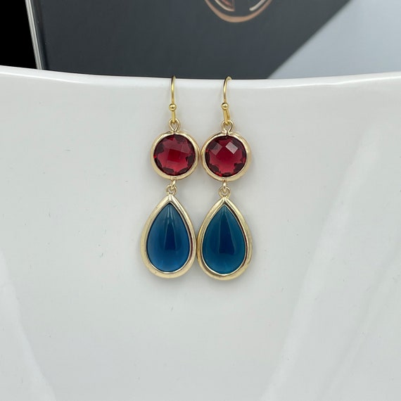 Navy Blue Drops and Ruby Red Dangle Earrings Chandelier Earrings