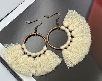 Bohemian Vanilla White Tassel Hoop Earrings, Ivory White Tassel Earrings, Antiqued Hoop Earrings, Cotton Tassel Earrings, Handmade Gift |B4