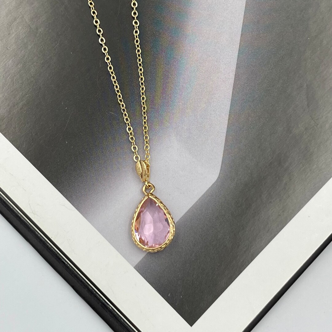 Soft Pink Crystal Charm Necklace, Soft Pink Teardrop Pendant Necklace
