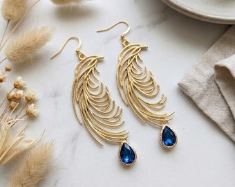 Gold Peacock Feather Earrings • Sapphire Blue Crystal Teardrop Chandelier Earrings • Bridesmaid Gift Jewelry, summer wedding
