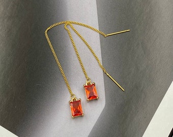 Orange Crystal Threader Earrings, Long Gold Dangle, Handmade