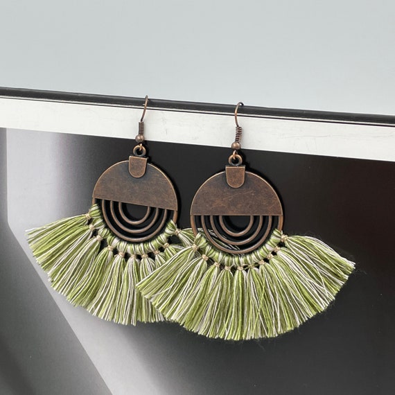 Olive green tassel earrings sale
