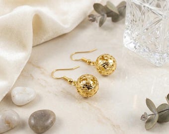 Gold Flower Ball Earrings, Puffy Filigree Drop (1.2 inch Length)