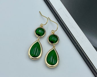 Emerald Green Drop Earrings, Green Teardrop Earrings, Green Statement Earrings, Glass Dangle Earrings, Emerald Green Wedding Earrings |6