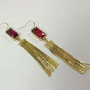 Red Crystal and Gold Tassel Earrings, Long Tassel Earrings, Gold Glossy Ruby Red Tassel Earrings, Red Crystal Earrings, Ruby Red Earrings |1
