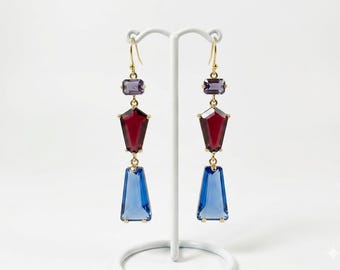Ruby Red and Navy Blue Crystal Dangle Earrings | Teardrop Statement Earrings for Women | Handcrafted Bridal & Bridesmaid Gift