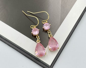 Soft Pink Statement Earrings, Soft Pink Teardrop Earrings, Statement Pink Dangle Earrings, Pink Crystal Earrings, Soft Wedding Jewelry |2