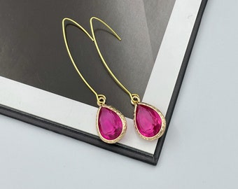 Statement Fuchsia Hot Pink Crystal Teardrop Earrings, Everyday pink jewelry, spring pink earrings, gift
