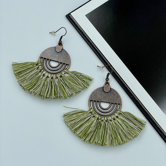Olive green tassel best sale earrings