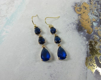 Sapphire Blue Crystal Earrings, Sapphire Blue Drop Earrings, Wedding Jewelry, Blue Teardrop Earrings, Bridesmaid Gift, Blue Earrings |2