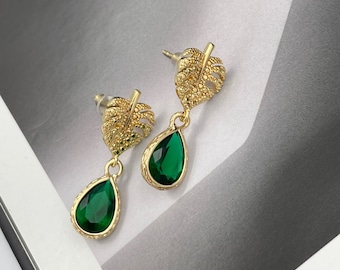 Monstera Leaf Post Statement Earrings, Monstera Leaf Earrings, Emerald Green Earrings, Gold Studs, Palm Leaf Earrings, Crystal Earrings |2