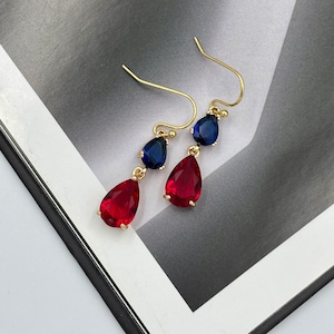 Ruby Red and Dark Blue Crystal Earrings, Blue Drop Earrings, Wedding Jewelry, Red Teardrop Earrings, Bridesmaid Gift, Red Blue Earrings |2