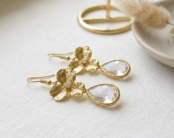 Gold Orchid Earrings, Clear Crystal Teardrop Dangle Earrings, everyday floral jewelry, flower garden paarty earrings