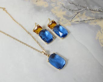 Sapphire Crystal Jewelry Set, September Birthstone Necklace Earrings
