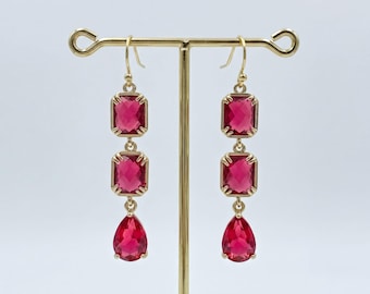 Ruby Pink Crystal Earrings: Sparkling Teardrop Dangles