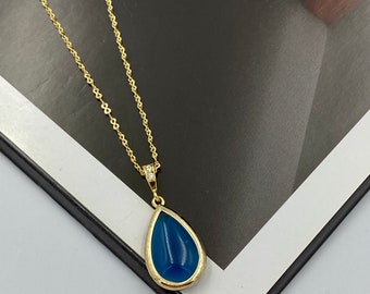 Yale Blue Crystal Charm Necklace, Blue Teardrop Pendant Necklace, Blue Charm Necklace, Bridesmaid Necklace, Yale Blue Teardrop Charm |12