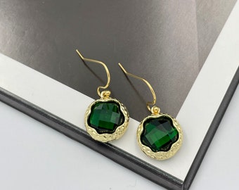 Emerald Green Crystal Earrings, Dark Green Drop Earrings, Gold Dangle Earrings, Green Earrings, Wedding Jewelry, Emerald Drop Earrings |1