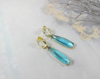Teardrop Earrings: Sparkly Blue Topaz and clear Crystal - Gold Frame
