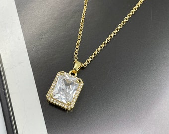Large Diamond Clear Crystal Charm Necklace, April Birthstone Charm Necklace, Diamond Gem Charm Necklace, Wedding Bridesmaid Necklace  |11