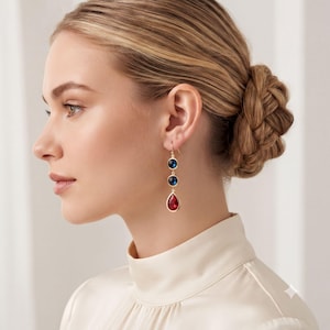Ruby Red and Navy Blue Crystal Drop Earrings, Long Dangle Earrings